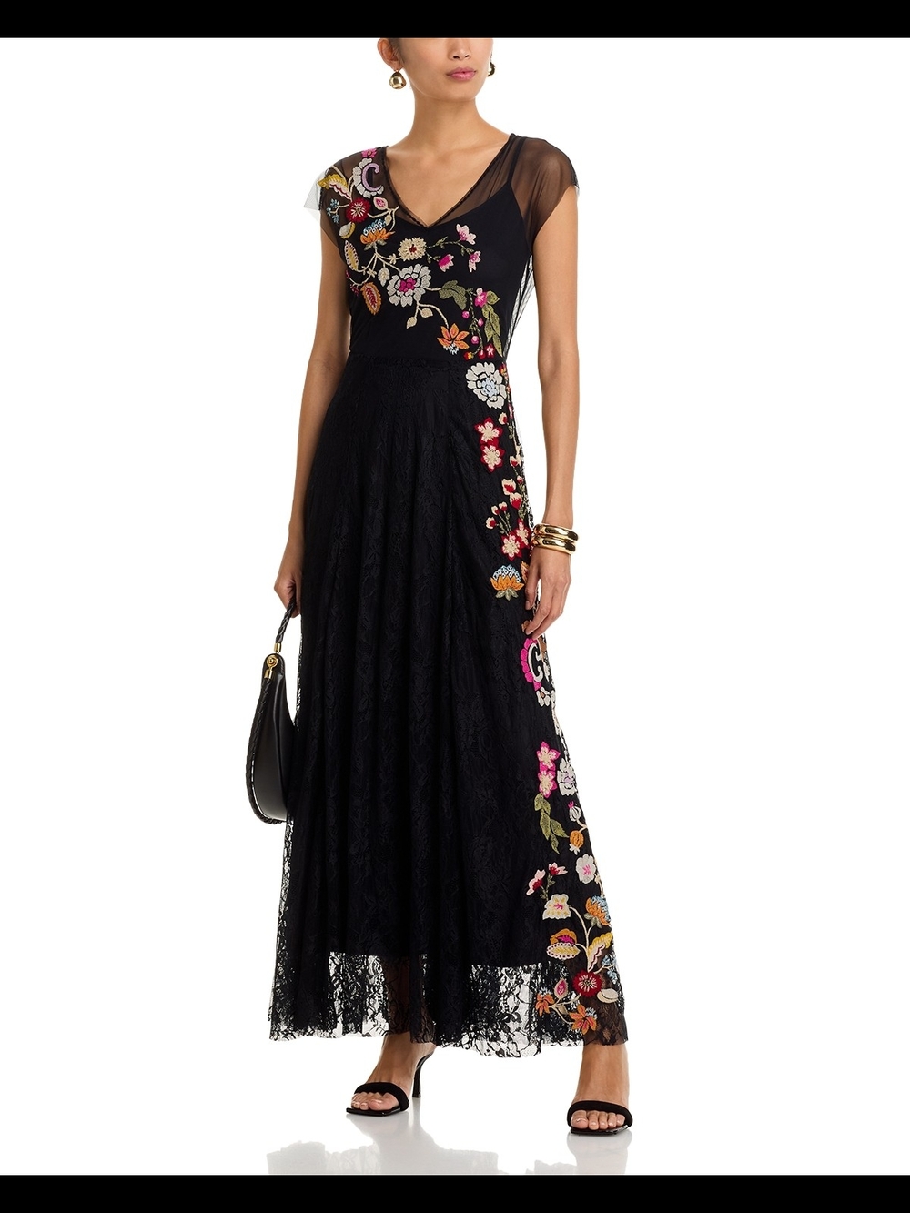 Johnny Was XL Black Floral-Embroidered Lace Maxi Dress